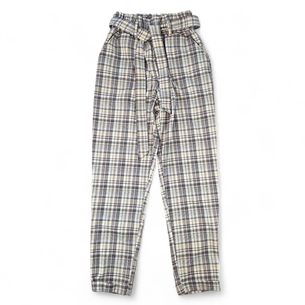 SO Plaid Paperbag Elastic Waist Belted Pants | Size Junior's Small Academia